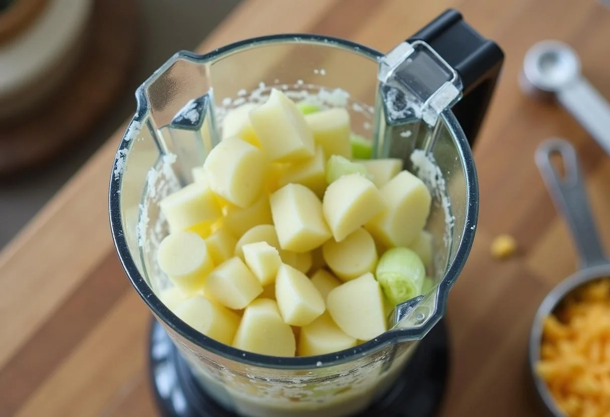 Kochender Lauch und Kartoffeln werden für die Käse Lauch Suppe püriert, um eine cremige Konsistenz zu erreichen.