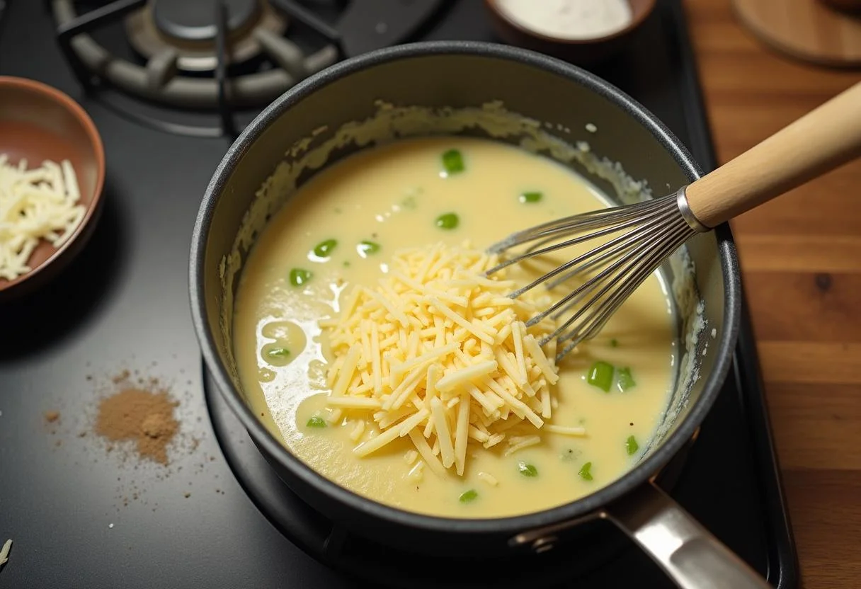 Käse wird in die cremige Lauch Suppe für das klassische Rezept hinzugefügt und verrührt.