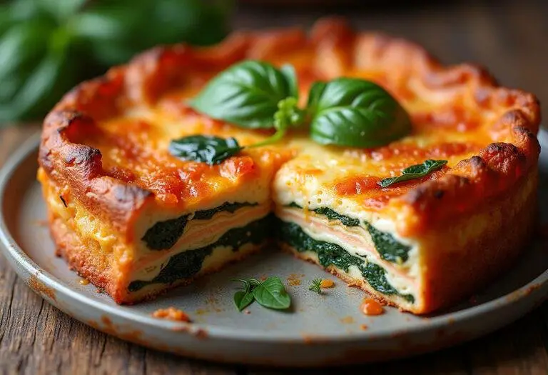 Finished cremige Lachs Lasagne mit Spinat, perfectly baked and ready to serve.