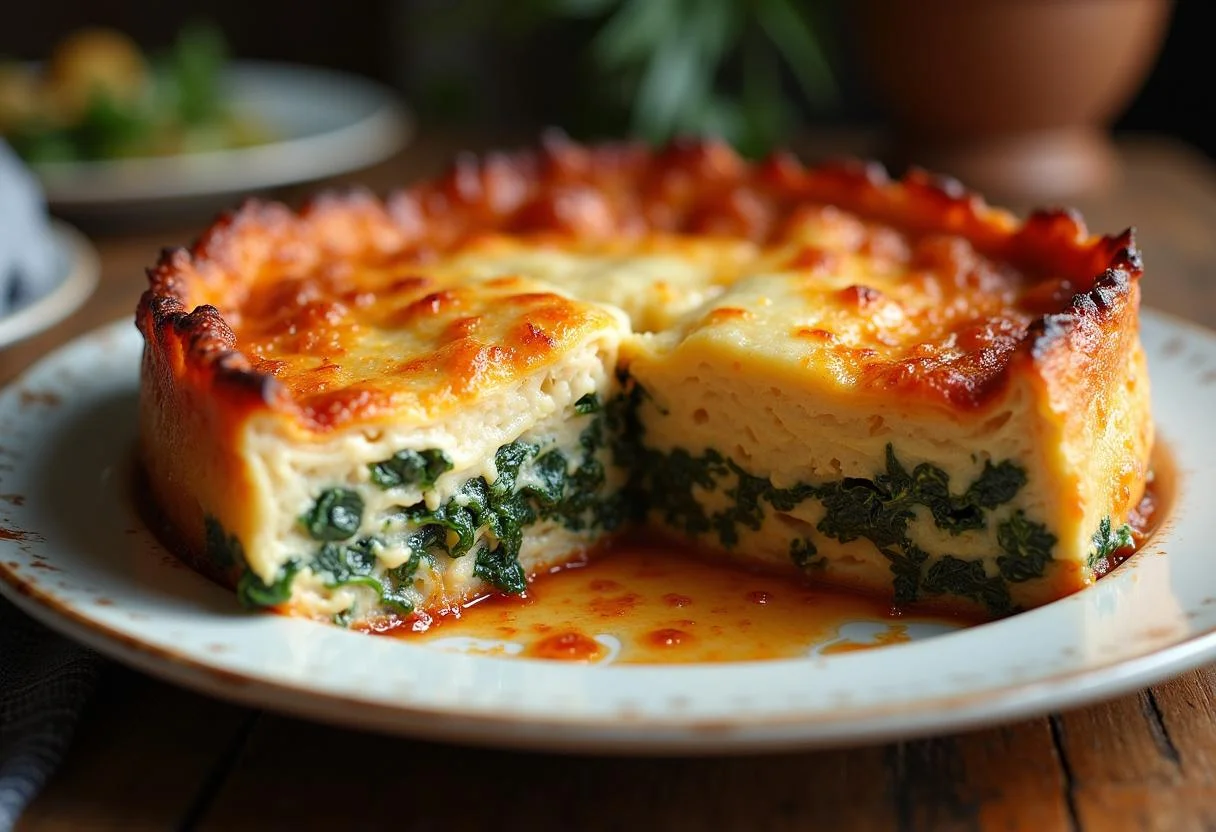 Fertige cremige Lachs Lasagne mit Spinat, perfekt gebacken und servierbereit.