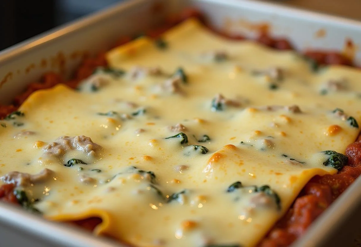 Lasagneblätter geschichtet in der Auflaufform für die cremige Lachs Lasagne mit Spinat.