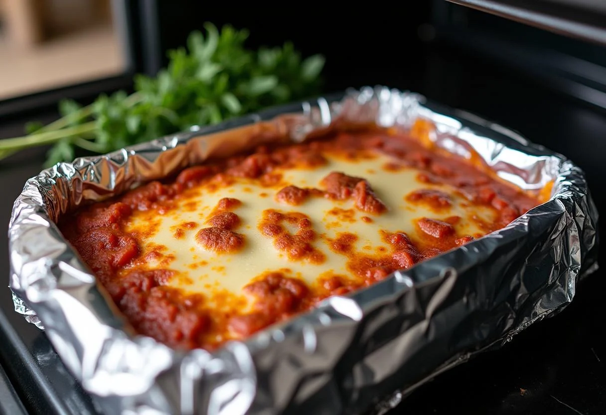 Vorbereitete Lachs Lasagne mit Spinat wird zum Backen in den Ofen gestellt.