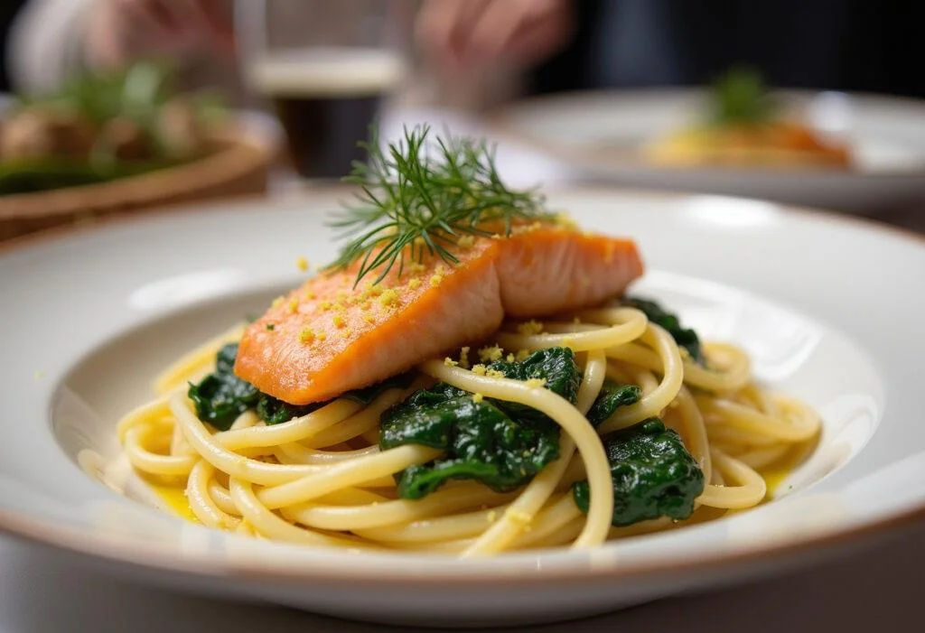Fertige cremige Lachs Pasta mit Spinat, perfekt präsentiert auf dem Tisch.