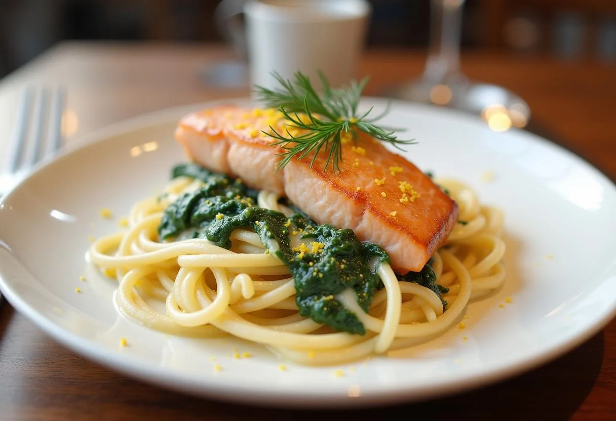 Fertige cremige Lachs Pasta mit Spinat, perfekt präsentiert auf dem Tisch.