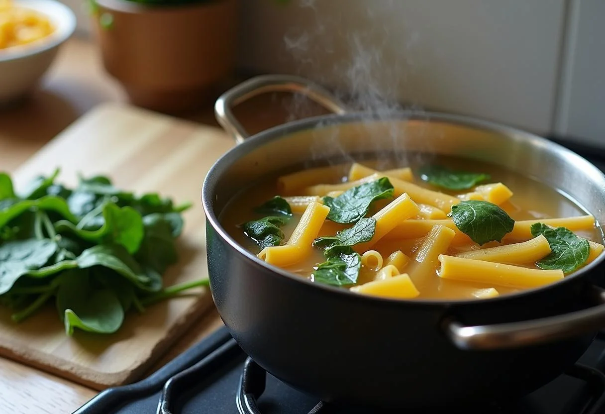 Kochen von Nudelwasser für cremige Lachs Pasta mit Spinat.