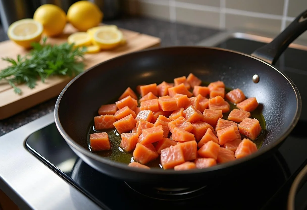 Diced Lachs wird in einer Pfanne für cremige Lachs Pasta mit Zitrone und Dill angebraten.