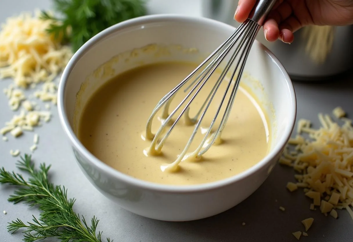 Vorbereitung einer cremigen Sauce für Spinat und Lachs Pasta, neben Parmesan und Dill.