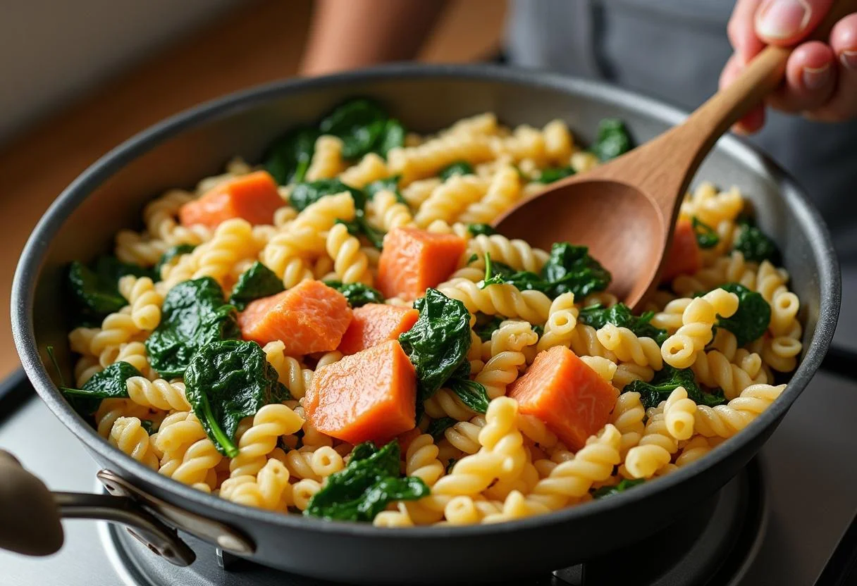 Vermischung von Lachs Pasta mit Spinat in einer großen Servierschüssel.
