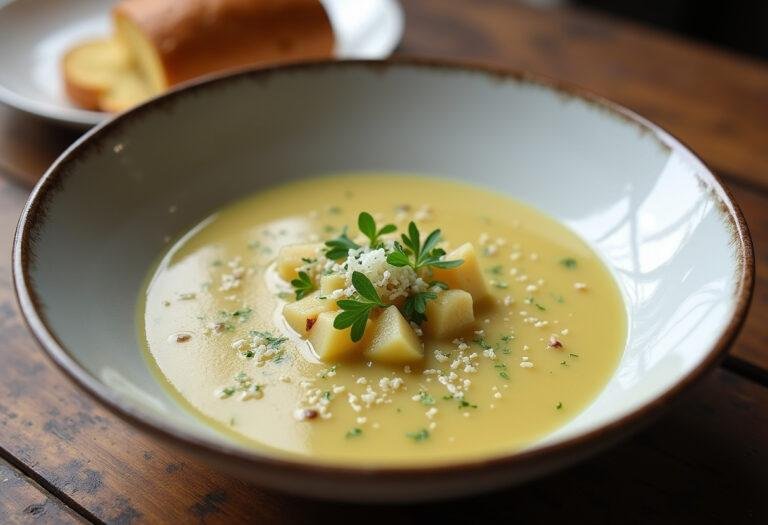 Finished cremige Lauch Suppe mit Kartoffeln, garnished and ready to enjoy.