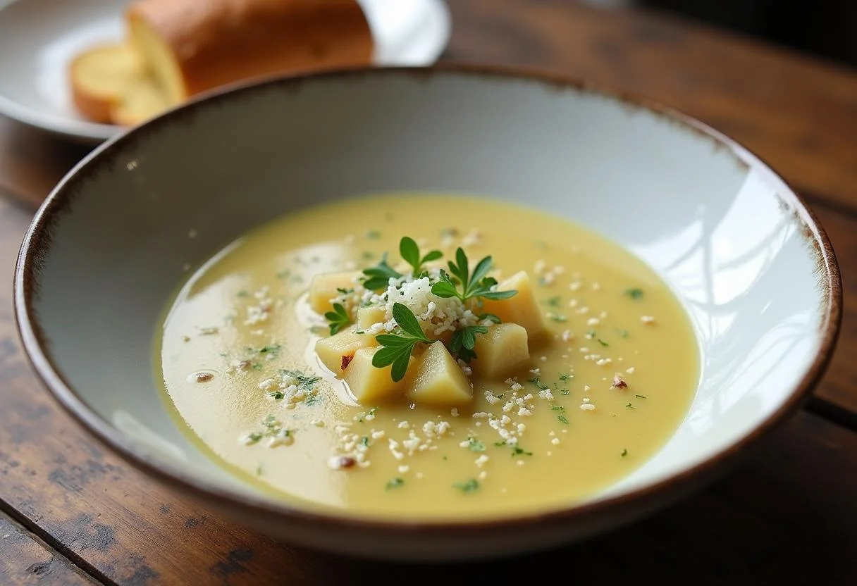 Finished cremige Lauch Suppe mit Kartoffeln, garnished and ready to enjoy.