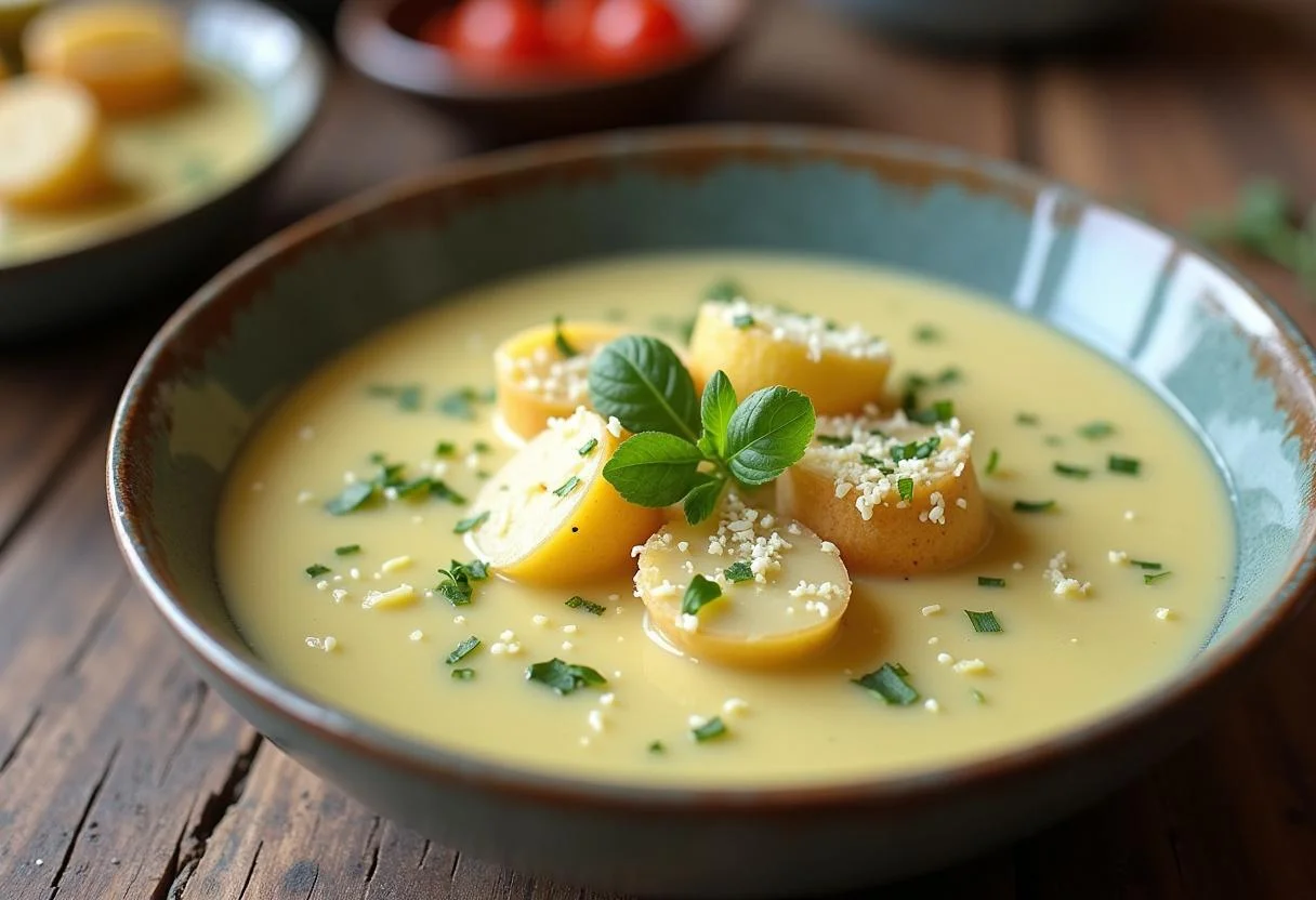 Fertige cremige Lauch Suppe mit Kartoffeln, garniert und bereit zum Genießen.