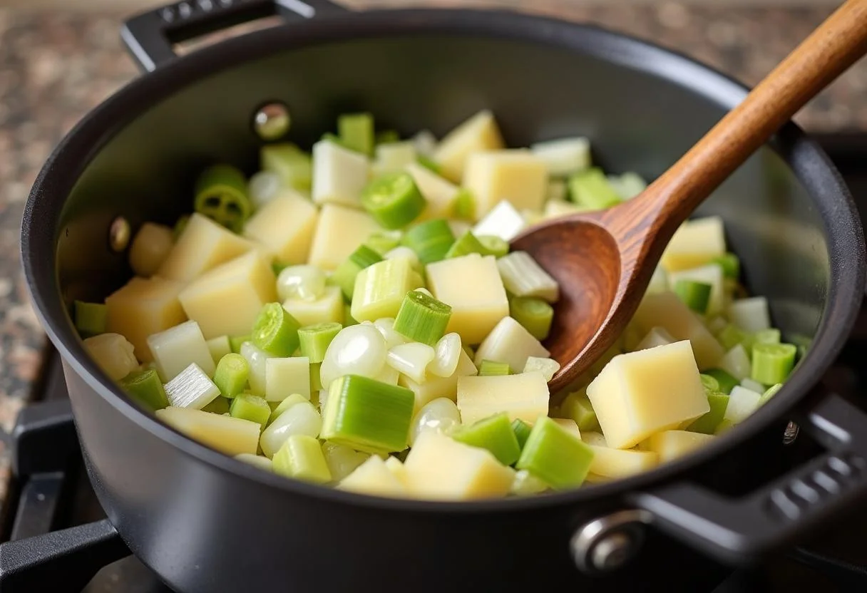 Gehackter Lauch und gewürfelte Kartoffeln in einem Topf zur Zubereitung von cremiger Lauch Suppe mit Kartoffeln.