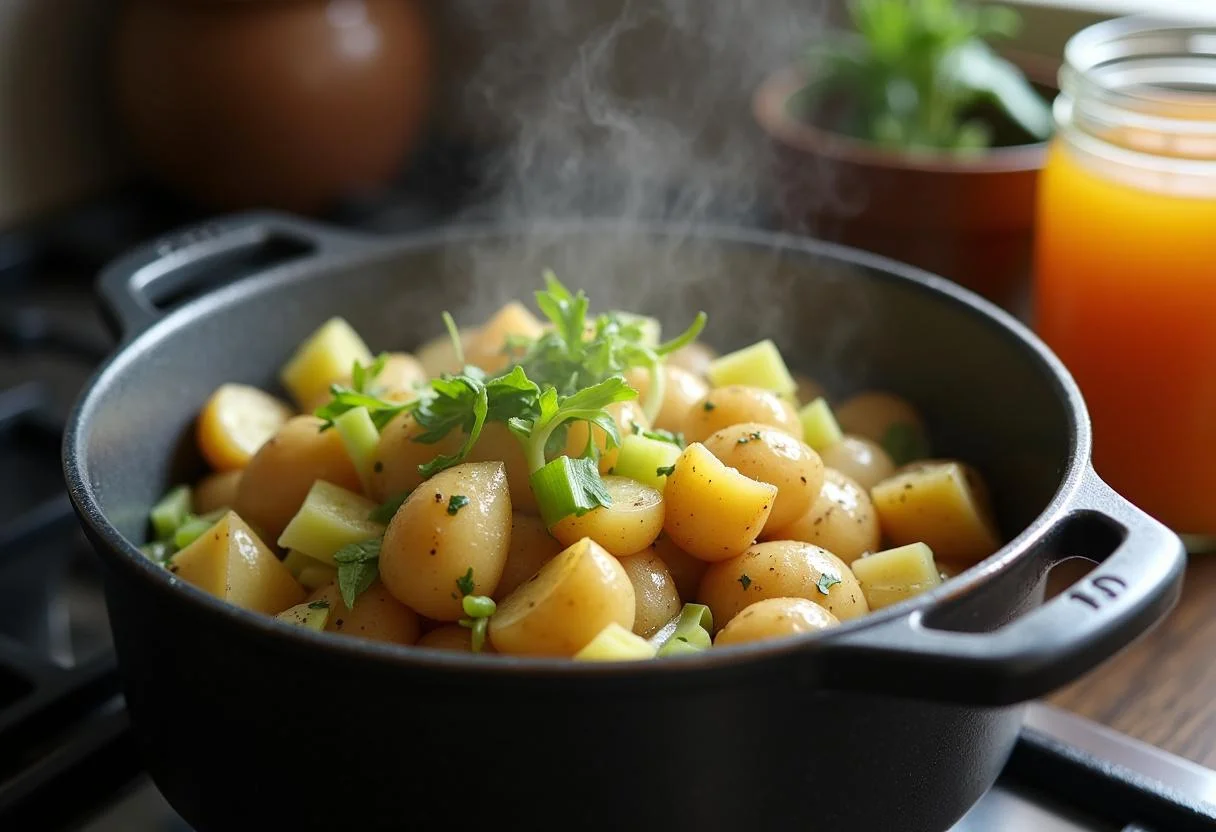 Angedünsteter Lauch und Kartoffeln zur Vorbereitung der Käse Lauch Suppe im Thermomix.