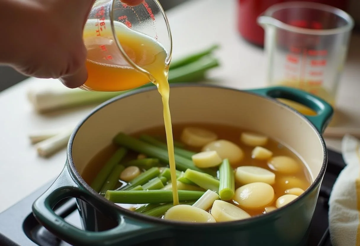 Gemüsebrühe in den Topf gießen, um cremige Lauch Suppe mit Kartoffeln zuzubereiten.