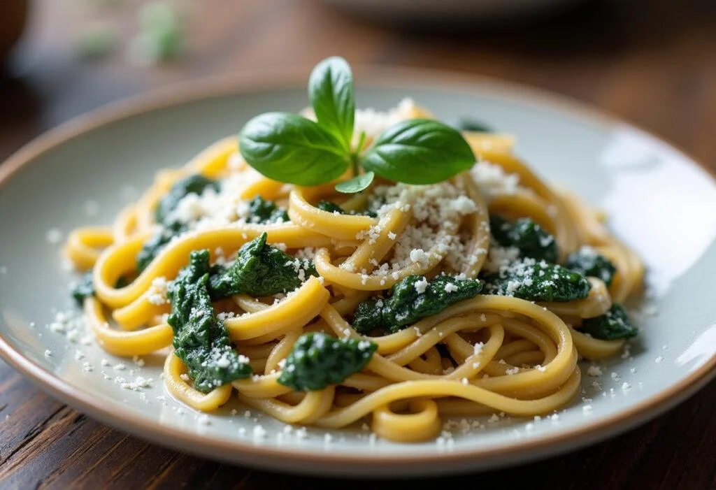 Finished cremige Nudel Spinat Pfanne dish garnished with cheese, perfect for a comforting meal.