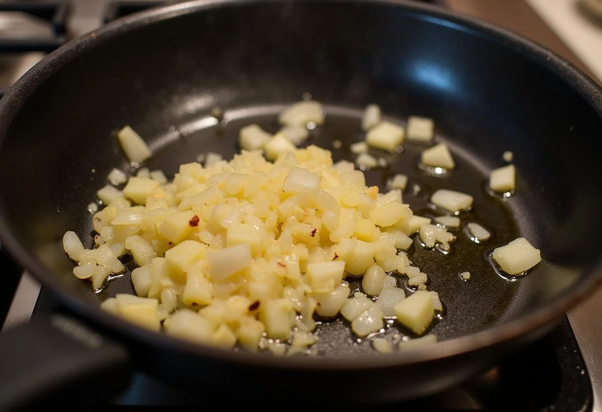 Andünsten von Zwiebeln und Knoblauch in Olivenöl für cremige Nudel Spinat Pfanne.