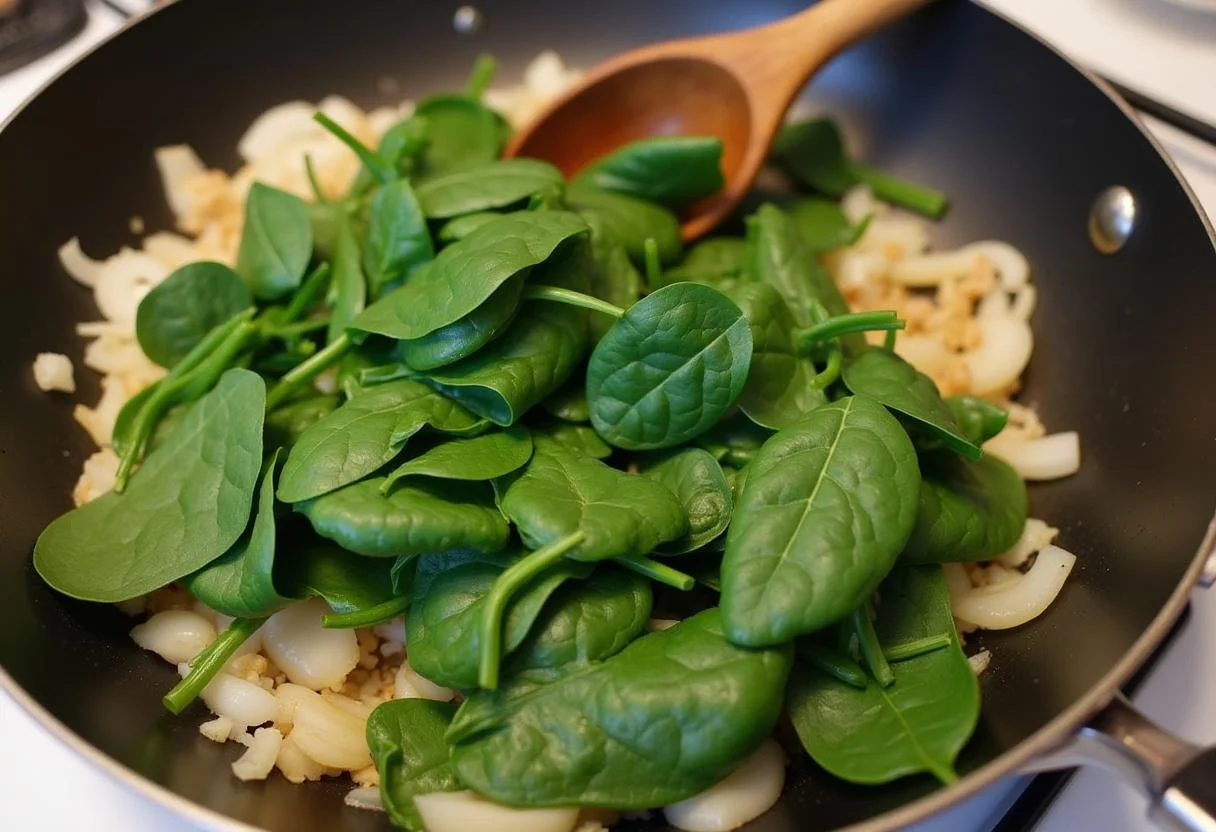 Hinzufügen von frischem Spinat zu den angedünsteten Zwiebeln und Knoblauch für Nudel Spinat Auflauf.