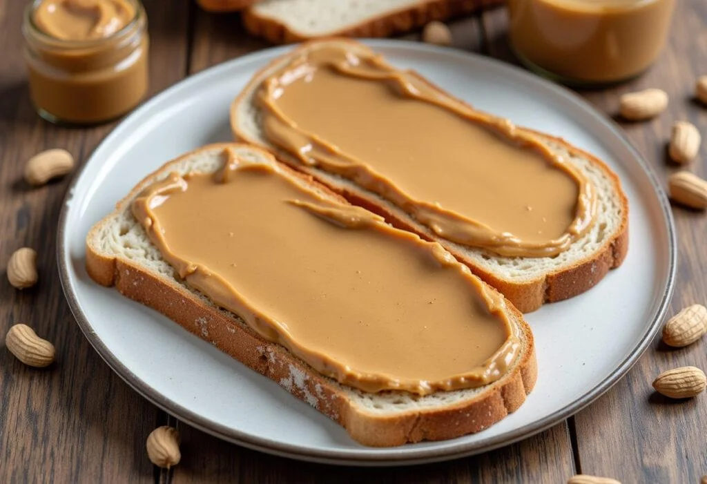 Delicious slices of bread topped with homemade creamy peanut butter spread.