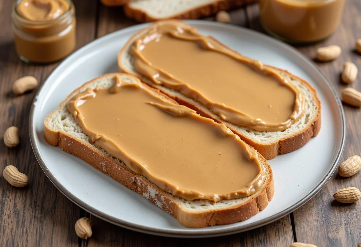 Delicious slices of bread topped with homemade creamy peanut butter spread.