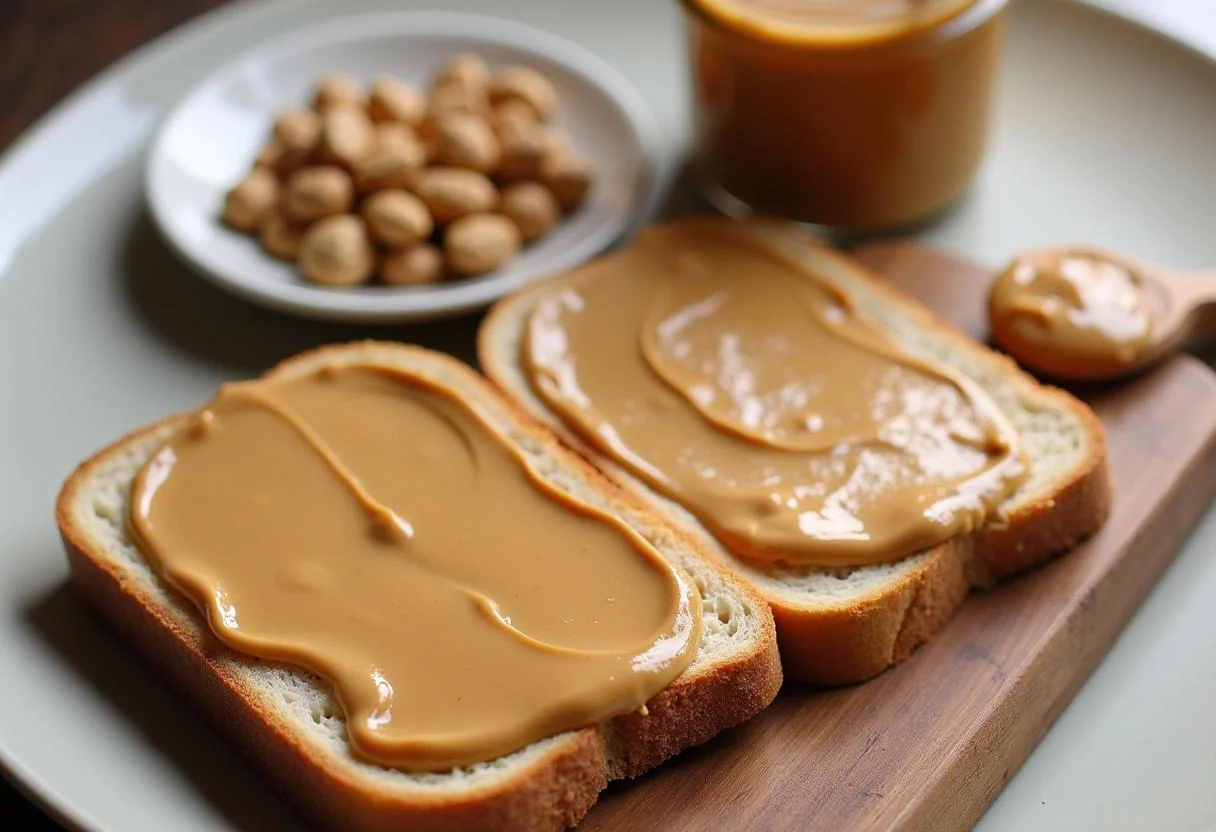 Köstliche Brotscheiben belegt mit hausgemachtem cremigen Erdnussbutter-Aufstrich.
