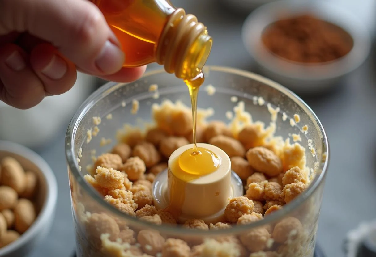 Erdnüsse werden mit Honig zu cremiger Erdnussbutter verarbeitet, um zusätzliche Süße zu erzielen.