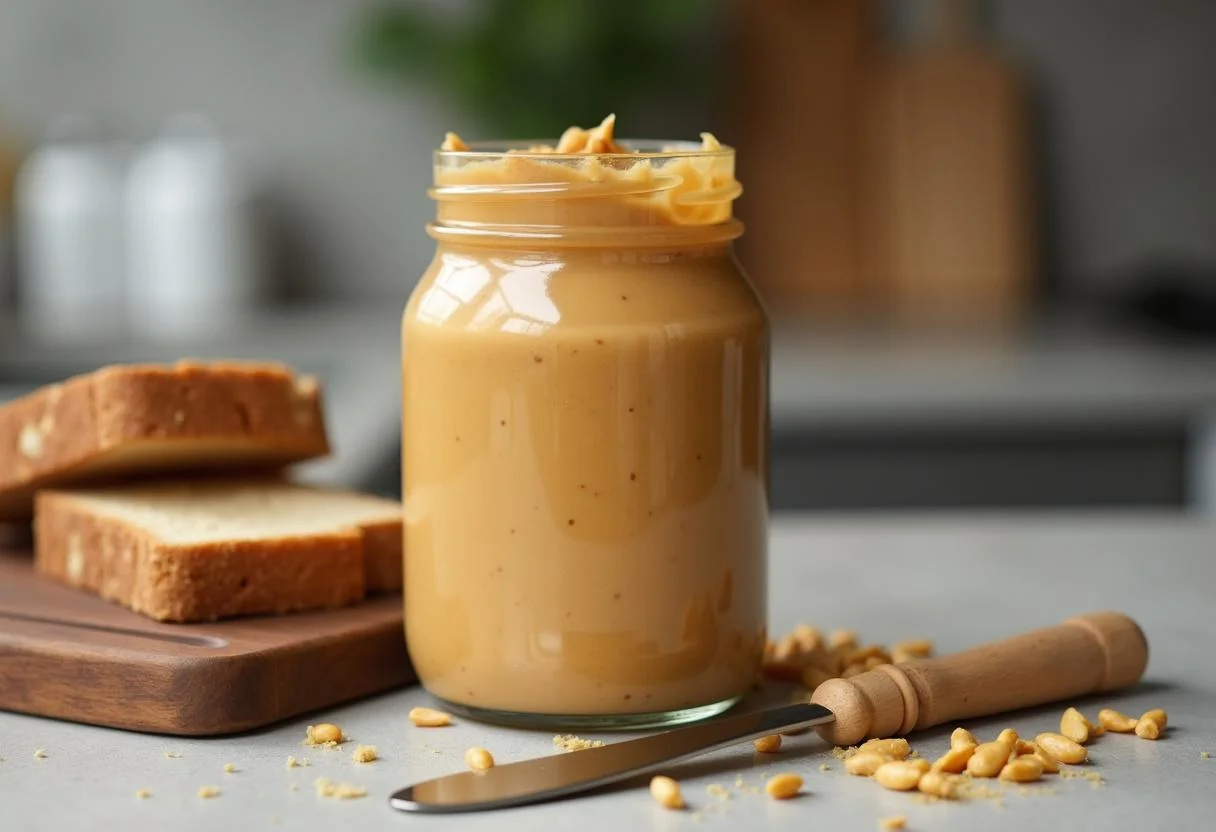 Hausgemachte cremige Erdnussbutter, fertig zum Auftragen auf Brot.