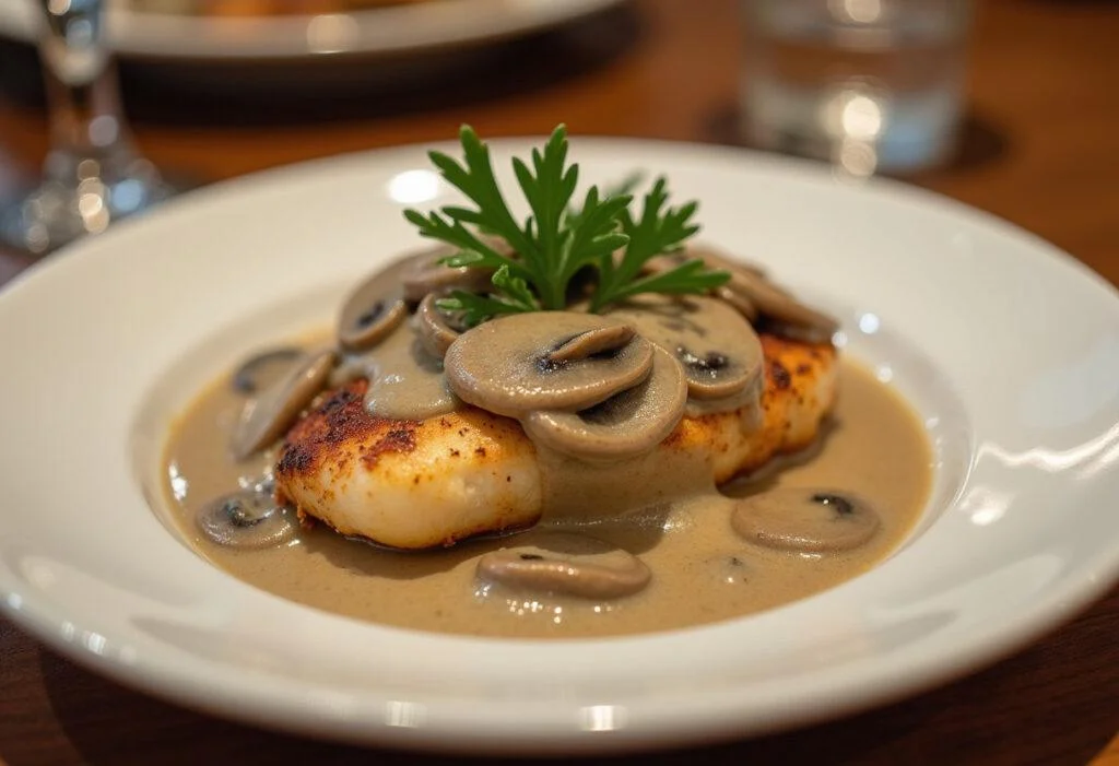 Fertig angerichtetes Hähnchen mit cremiger Champignonsoße für ein Festessen.