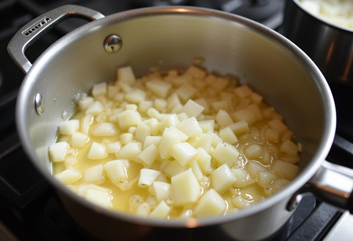 Zwiebeln und Knoblauch in Butter für die cremige Soße zu Hähnchen angebraten.