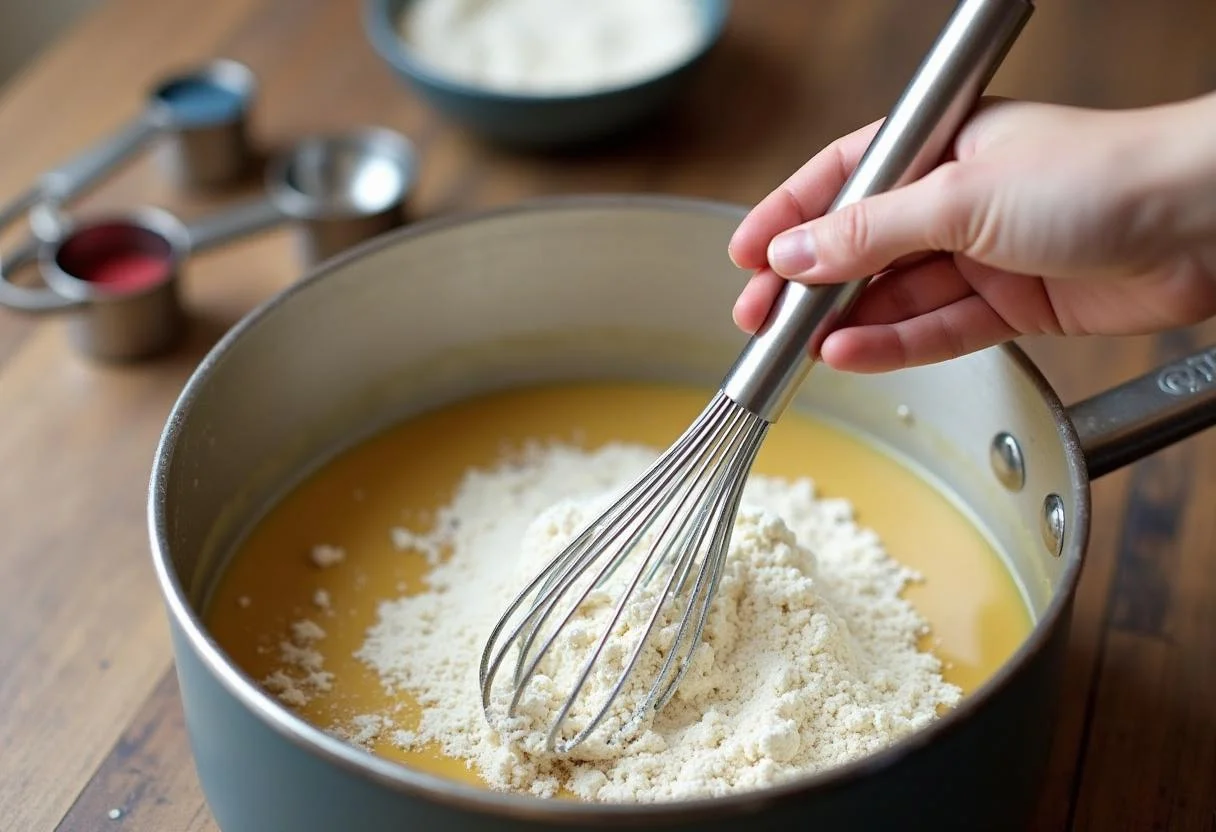 Mehl wird in die Pfanne eingerührt, um eine Basis für die cremige Soße für Hähnchen zu bilden.