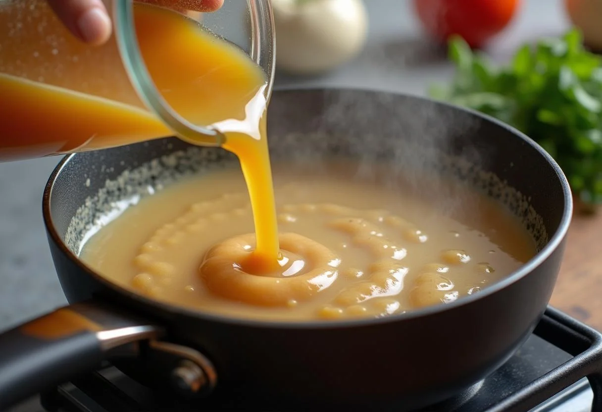 Hühnerbrühe wird langsam in die Pfanne gegossen für eine cremige Soße zum Hähnchen.