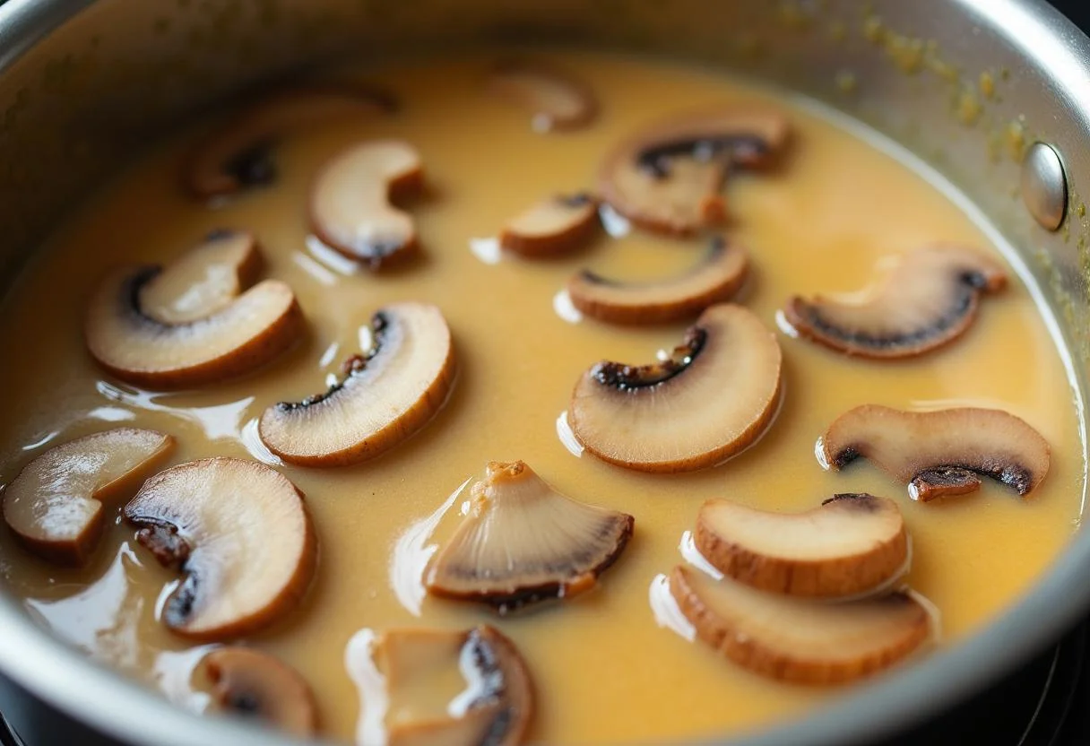 Cremige Soße mit Champignons in der Pfanne für die Soße zum Hähnchen.