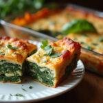 Frisch gebackene cremige Spinat Lasagne aus dem Rezept für Lachs Spinat Lasagne, servierbereit.