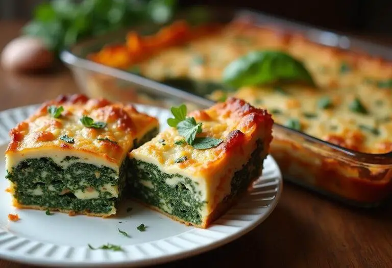 Frisch gebackene cremige Spinat Lasagne aus dem Rezept für Lachs Spinat Lasagne, servierbereit.