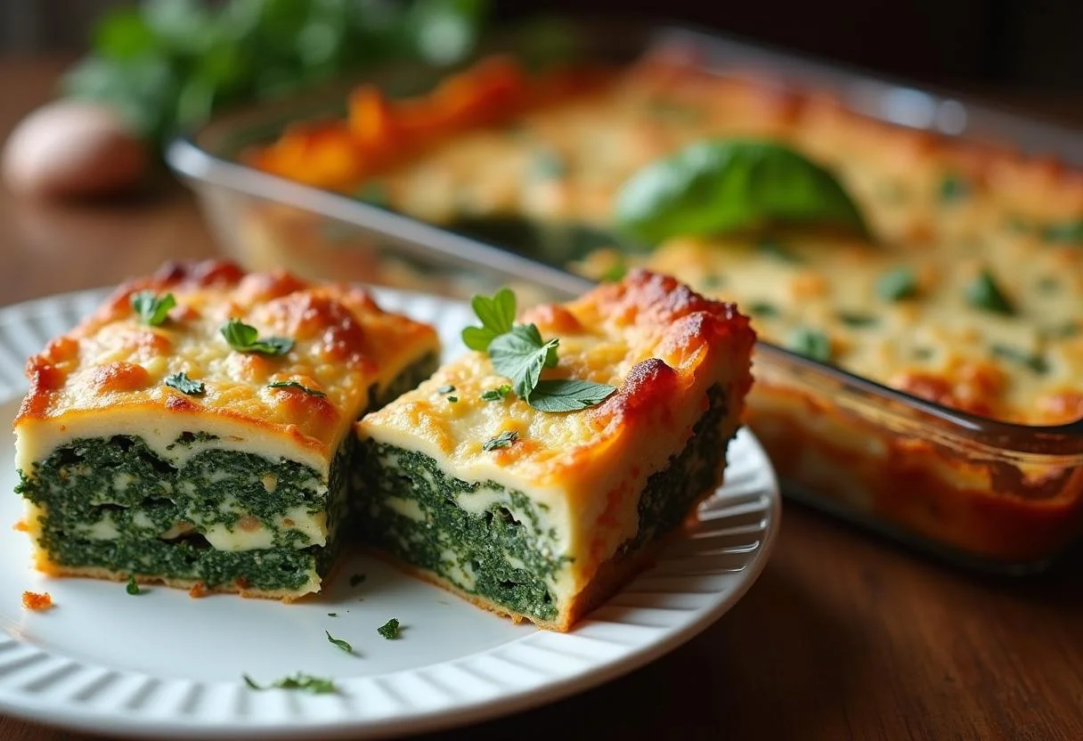 Frisch gebackene cremige Spinat Lasagne aus dem Rezept für Lachs Spinat Lasagne, servierbereit.