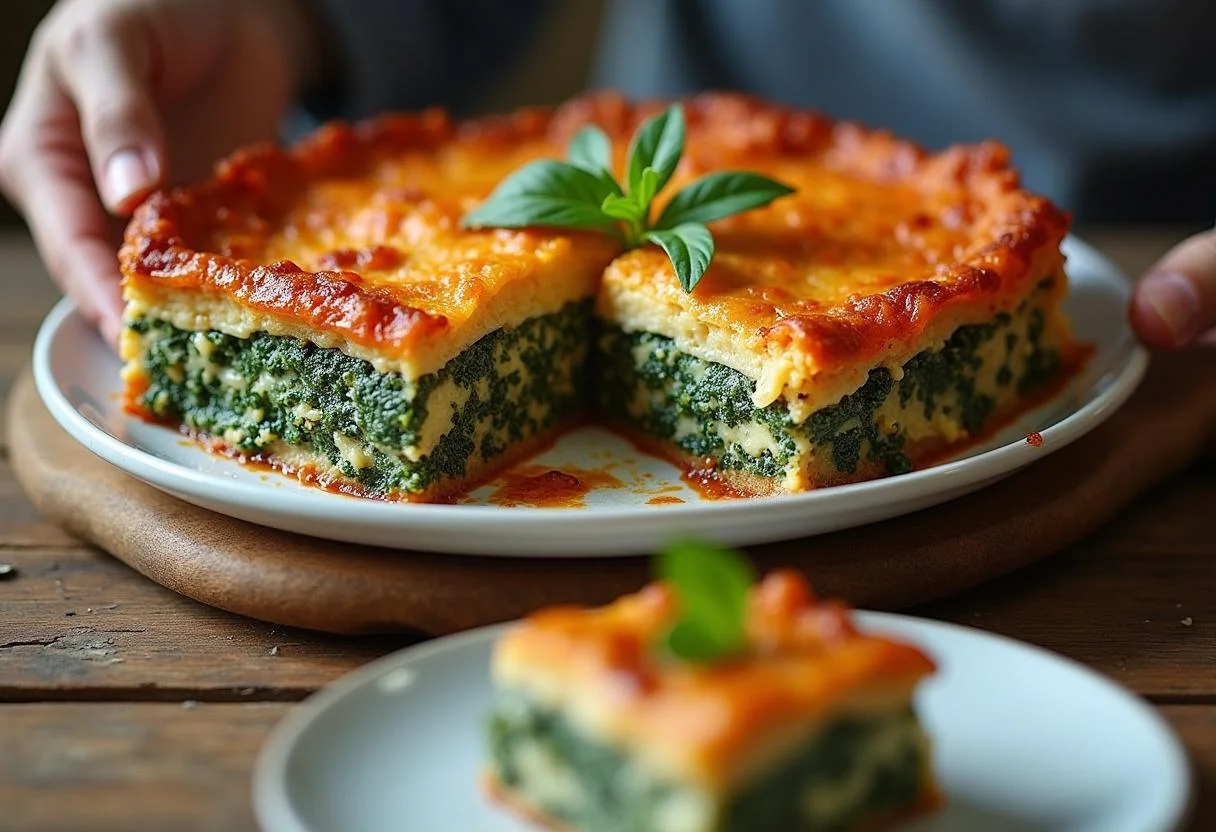 Frisch gebackene cremige Spinat Lasagne aus dem Rezept für Lachs Spinat Lasagne, servierbereit.