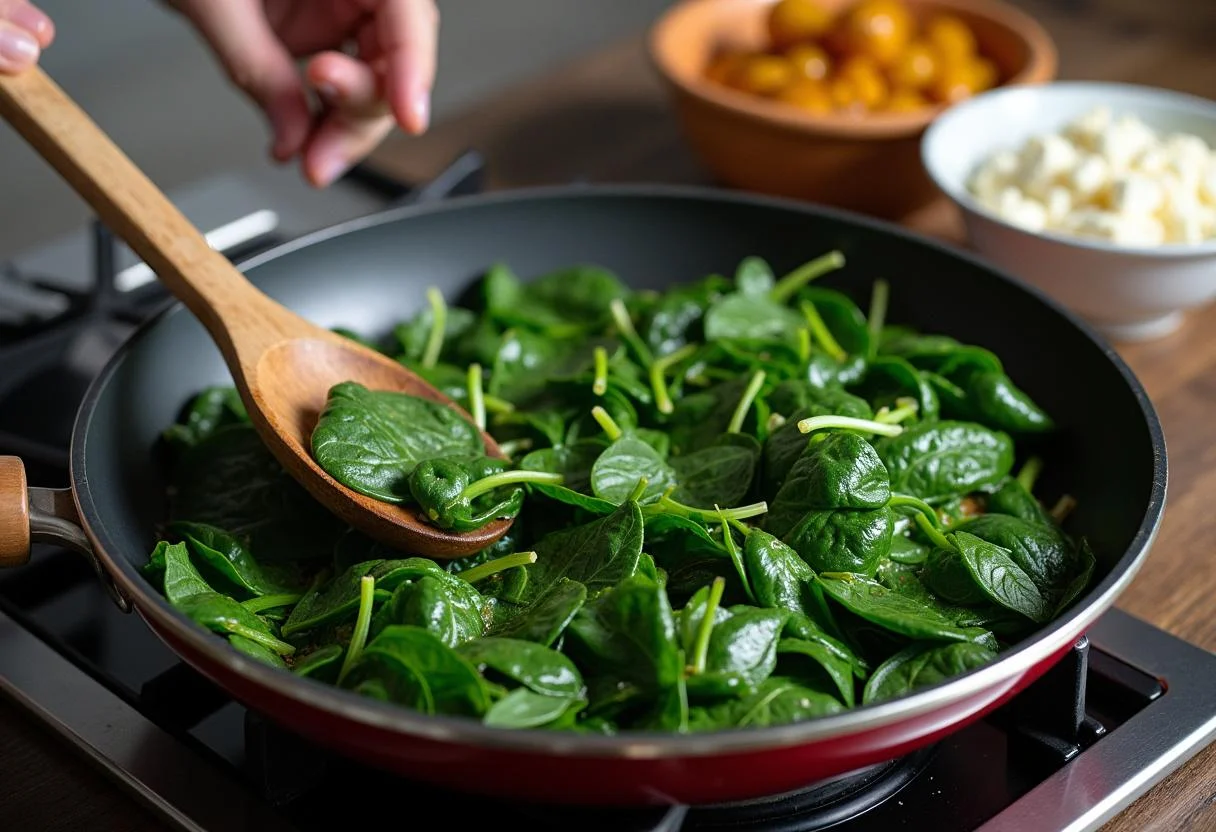 Fresh spinach sautéed for cremige Spinat Lasagne mit Feta und Ricotta.