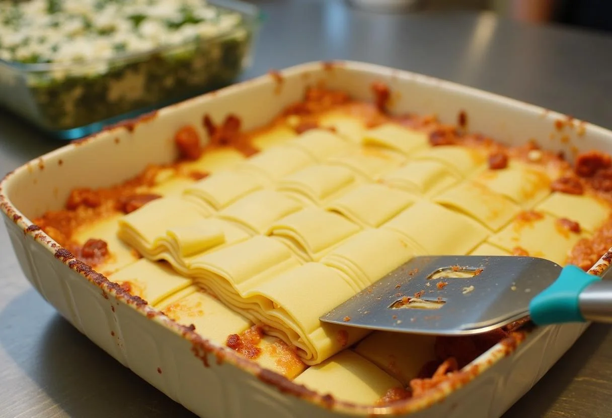 Lasagna noodles being layered for vegetarische Kreation der Spinatlasagne mit Feta.