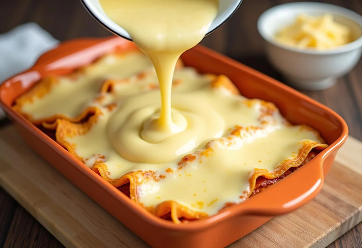 Creamy béchamel sauce drizzled over lasagne layers in cremige Spinat Lasagne Rezept.