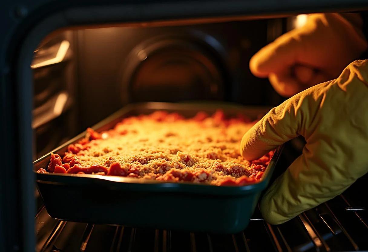Lasagne being placed into the oven for baking in cremige Spinat Lasagne Rezept Vegetarisch.