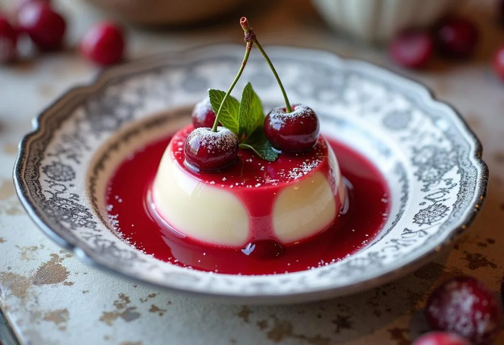 Completed creamy kirsch pudding dessert beautifully presented with cherries, ideal for any occasion.