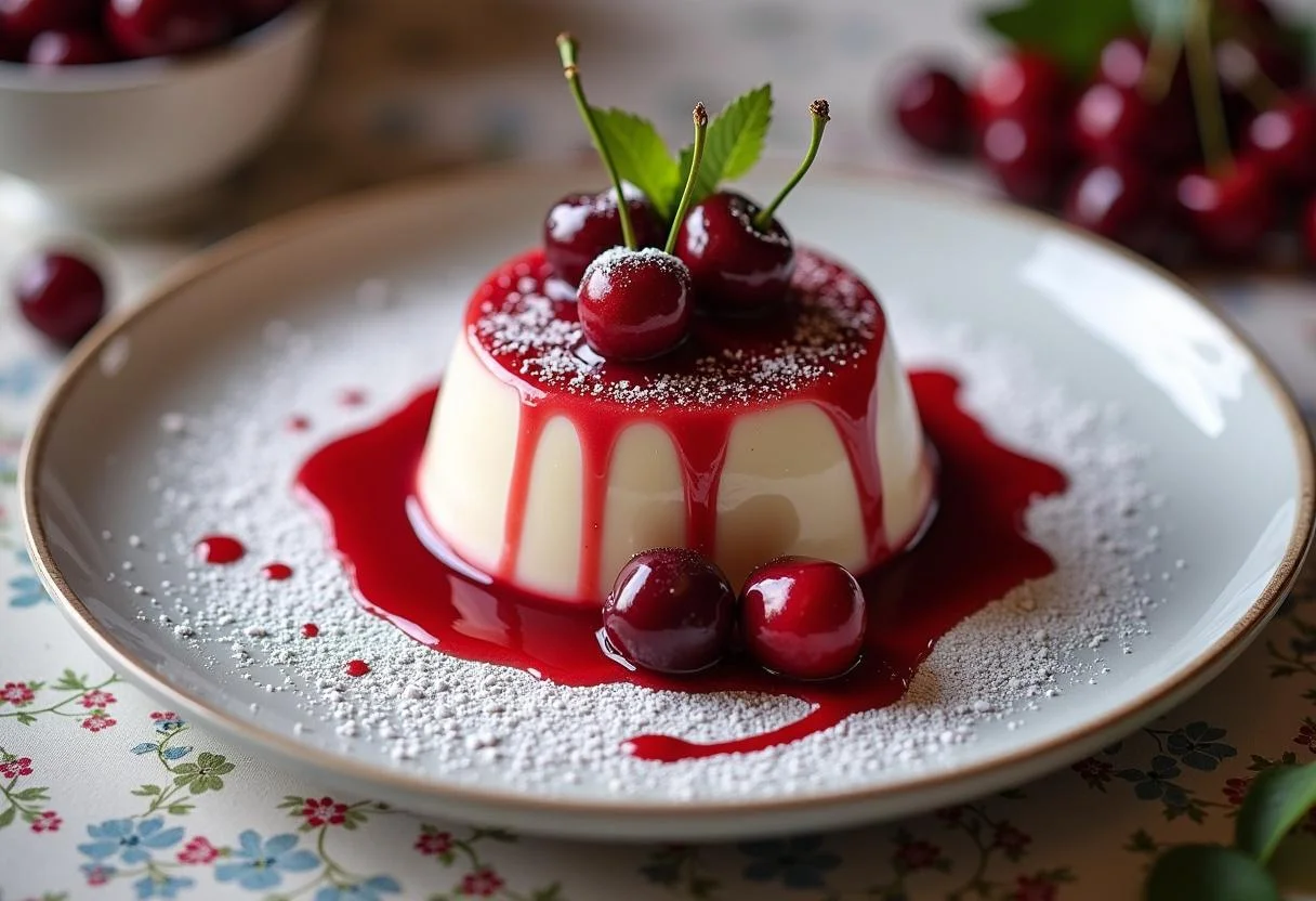 Fertiges, cremiges Kirschpudding-Dessert, wunderschön präsentiert mit Kirschen, ideal für jeden Anlass.