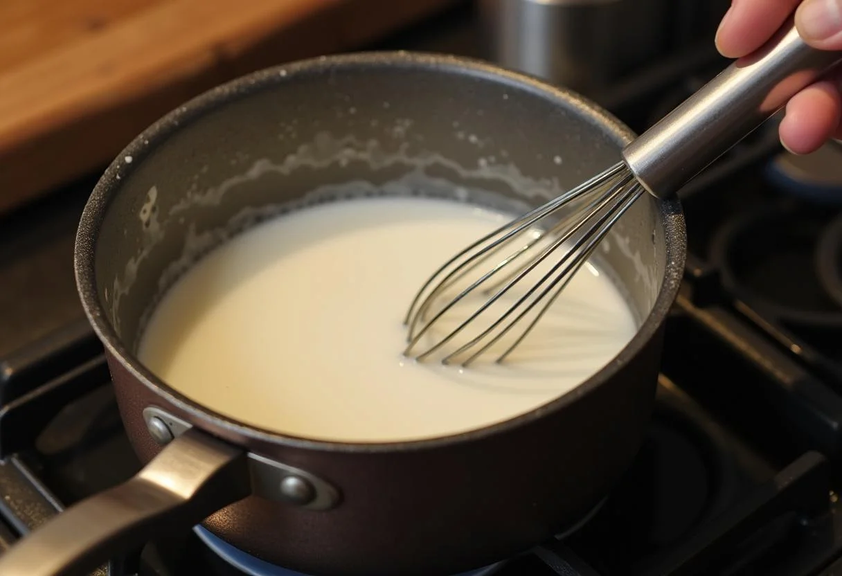 Milch und Zucker werden für Kirschpudding in einem Kochtopf erhitzt.