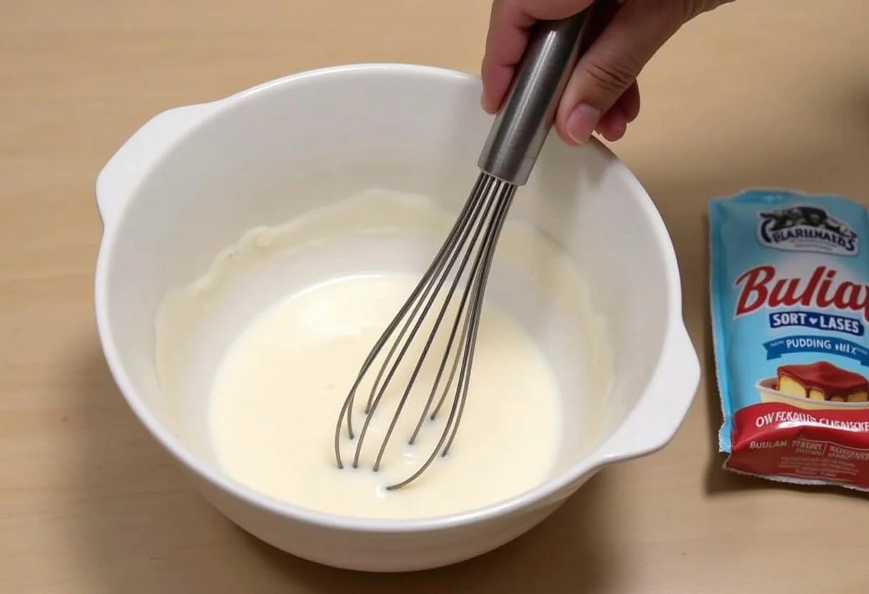 Kirschpuddingpulver wird für die Zubereitung von cremigem Kirschpudding Kuchen gemischt.