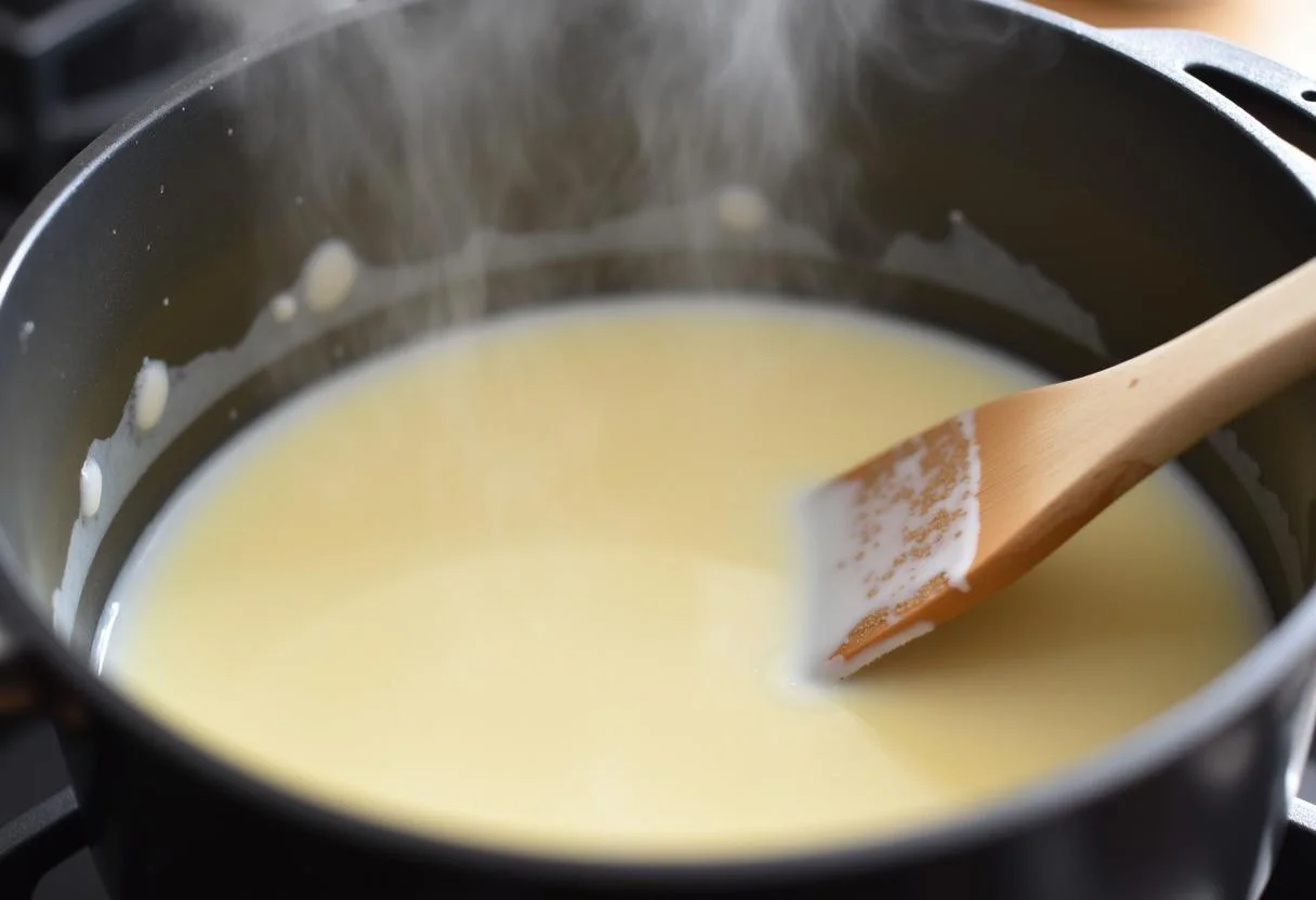 Puddingmischung wird mit erhitzter Milch und Zucker für Kirschpudding Kuchen Dessert kombiniert.