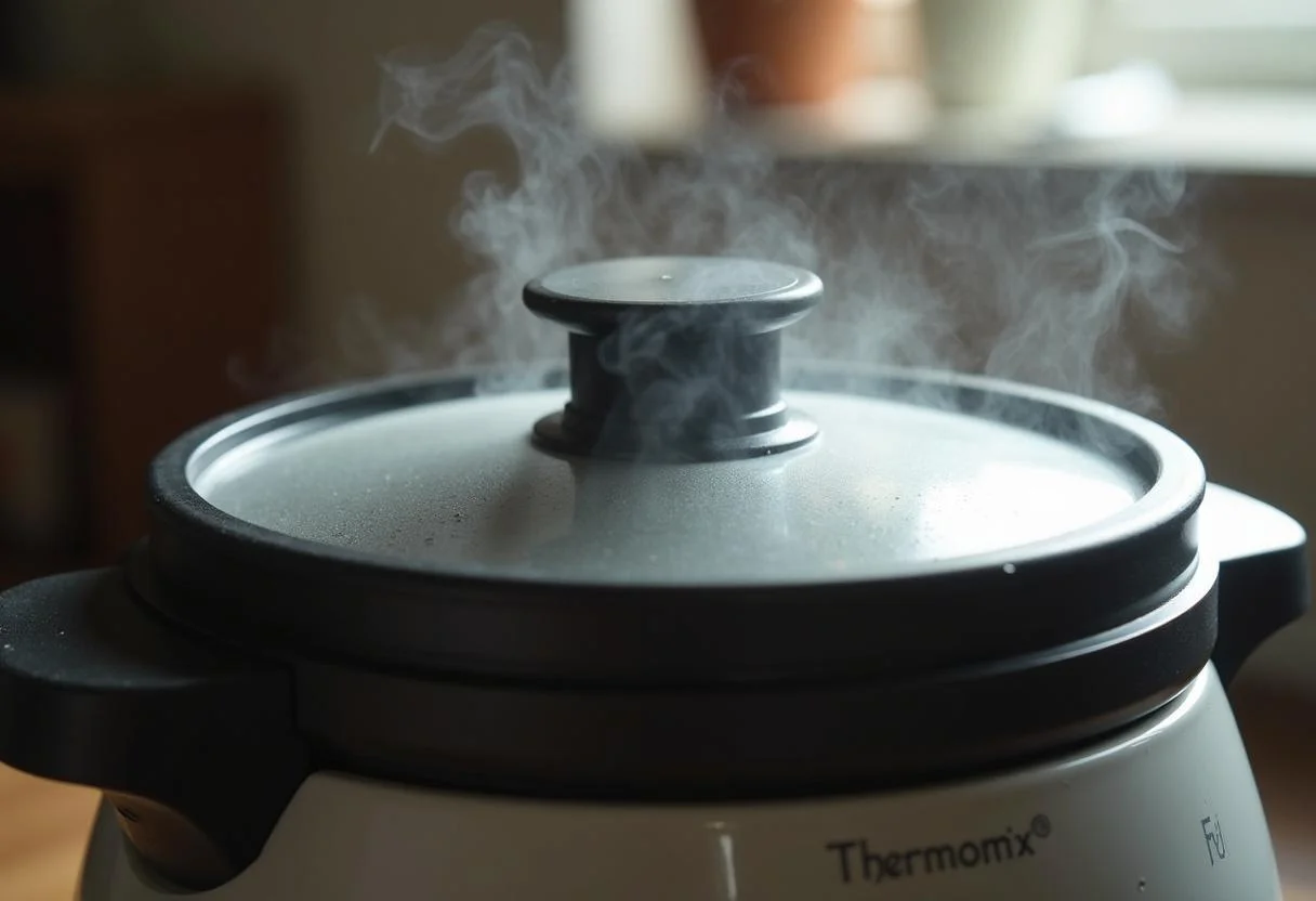 Thermomix-Deckel geschlossen, Kartoffeln mit Dampf kochen für Nudeln kochen im Thermomix.