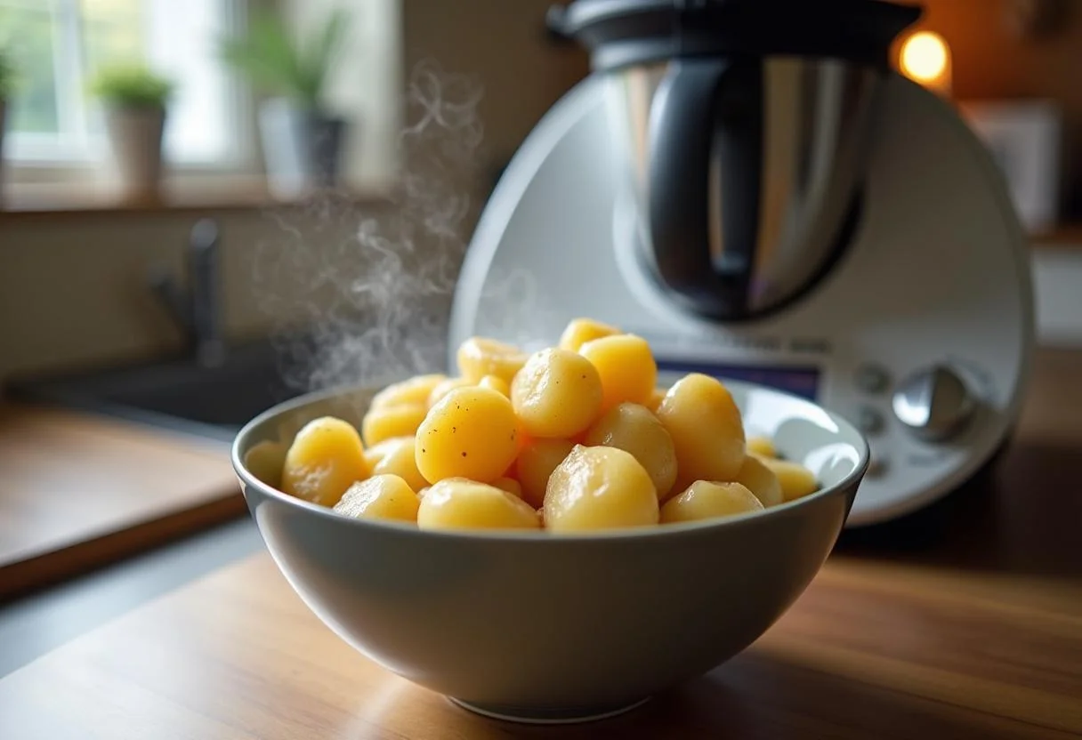 Gekochte Kartoffeln aus dem Thermomix-Mixtopf nehmen zum Kartoffeln kochen Thermomix.
