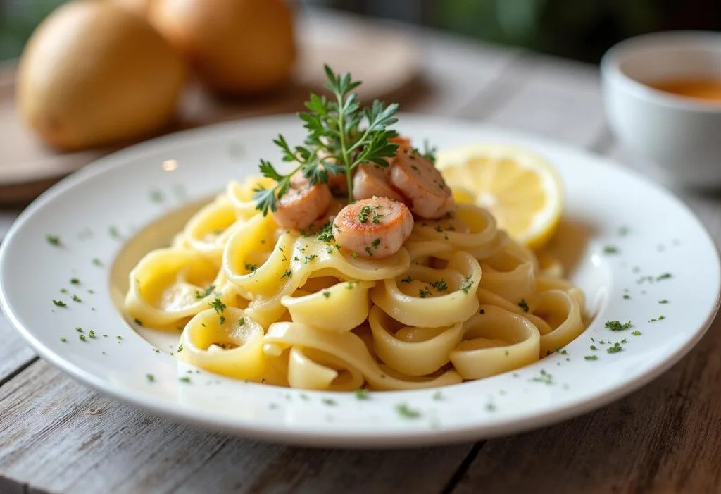Delicious nudeln mit spinat lachs served with herbs and lemon, ideal for a satisfying meal.