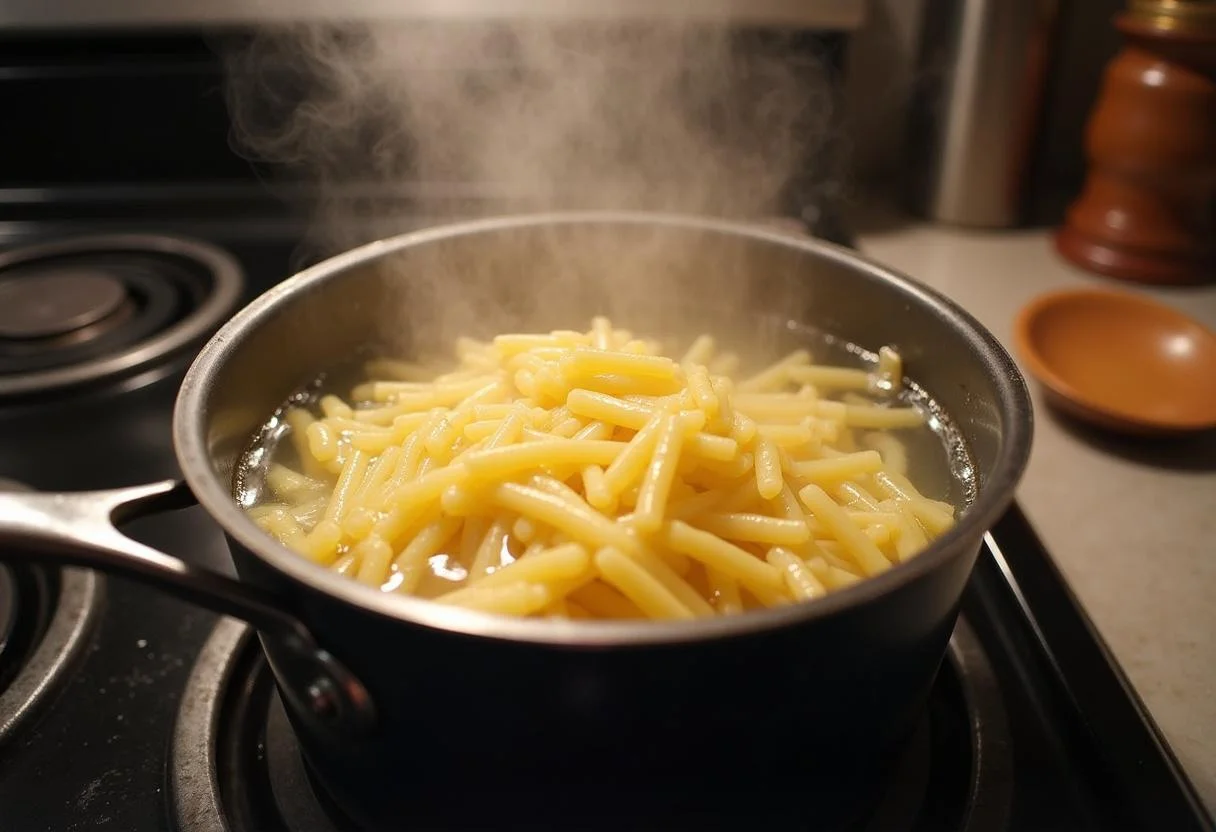 Uncooked nudeln in boiling water for nudeln mit spinat lachs recipe.