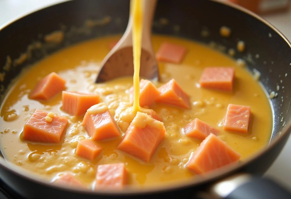 Creamy sauce combined with salmon for nudeln mit spinat lachs dish.