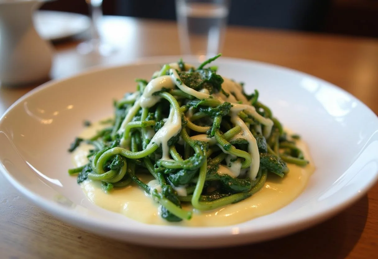 Fertige Spinat Nudeln mit Sahnesauce perfekt angerichtet für ein genussvolles Essen.